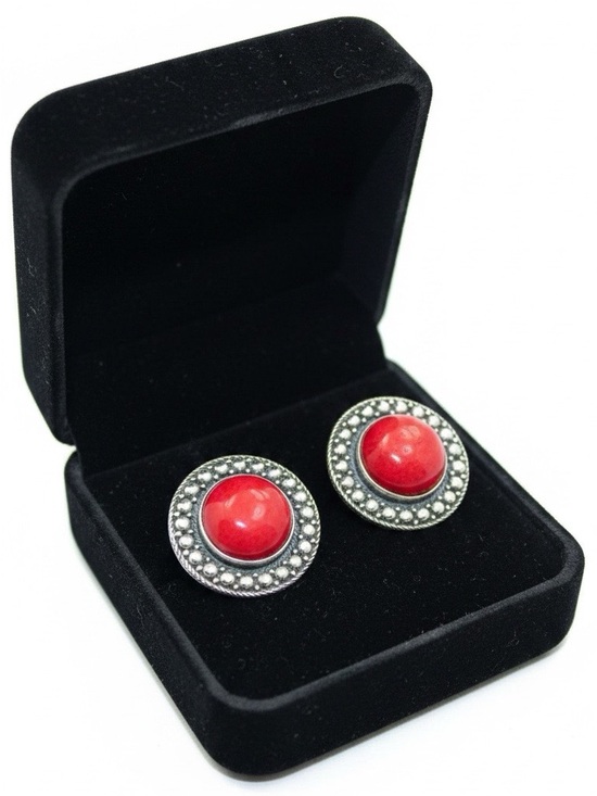 Bali Jewelry - 925 Sterling Silver Fossilized Red Coral Earrings